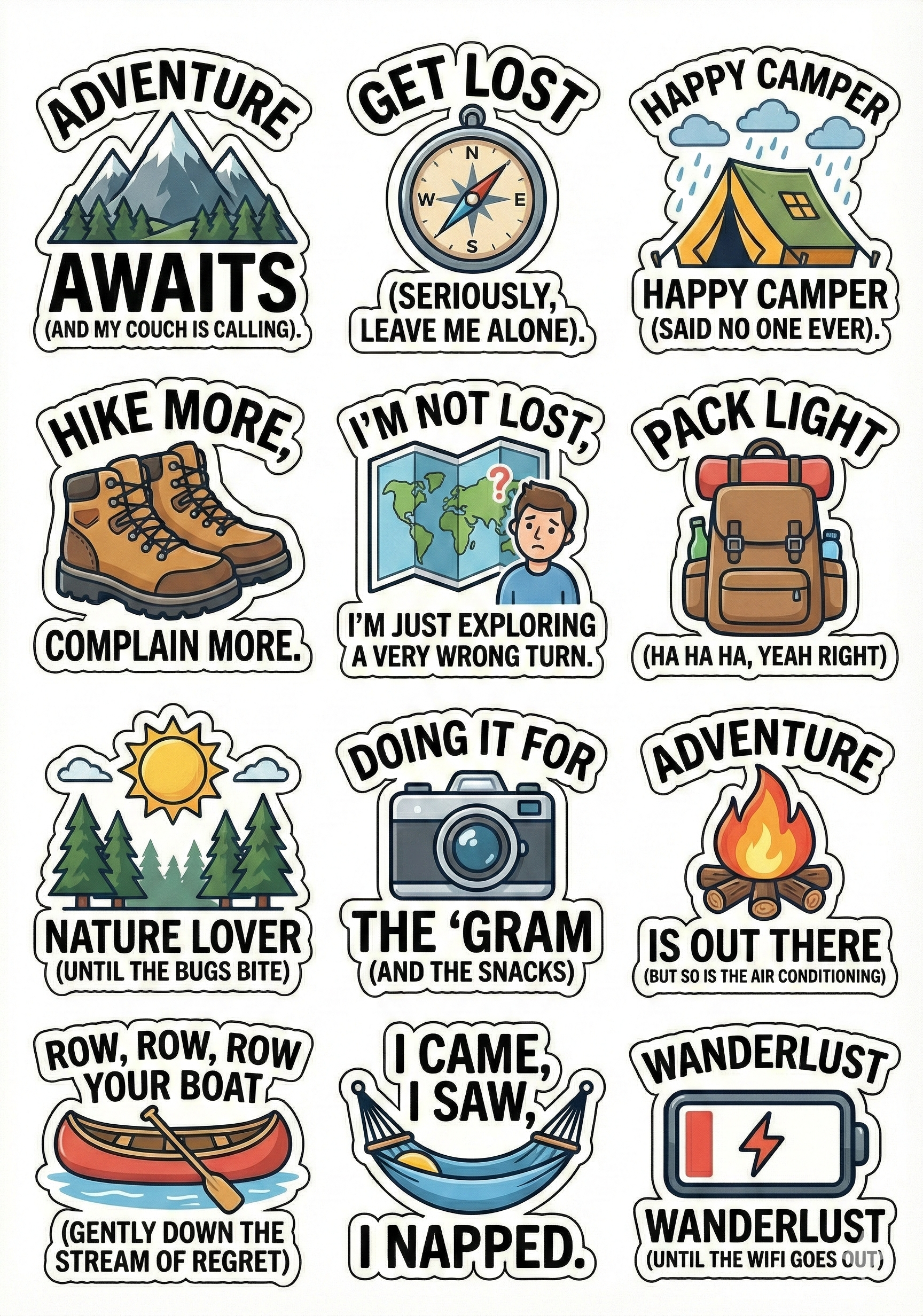 Humorous Camping & Hiking Sticker Pack